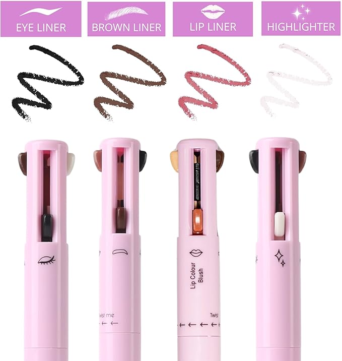 4-in-1 Makeup Touch-Up Pen – Lip Liner, Eyeliner, Eyebrow & Highlighter | Smudge-Proof & Travel Friendly | mydeal99